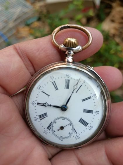 นาฬิกาพกโบราณ Cylindre 15 Rubis Silver .800 หน้ากระเบื้อง ระบบไขลาน ตัวเรือน 43mm.เป็นเงินแท้ทั้งเรือน ขอบกะไหล่ทอง 14k.หนามาก พร้อมส่งครับ. รูปที่ 12