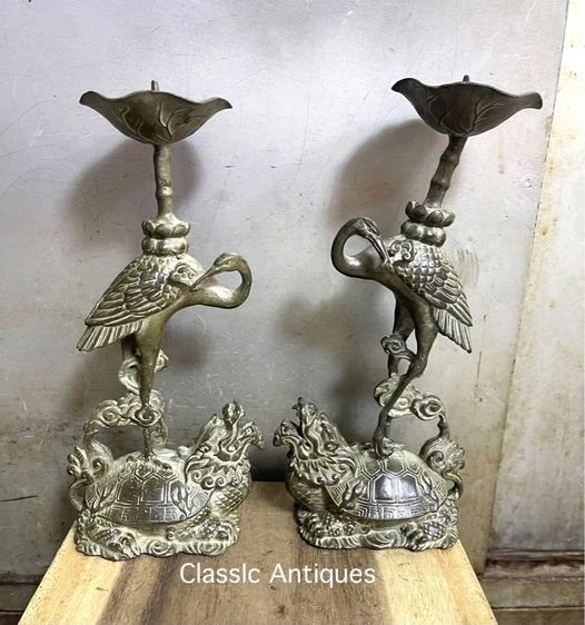 เชิงเทียน เต่ามังกรคู่นกกระเรียน ทองเหลืองสะสม