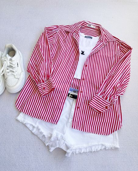 แขนยาว แดง XS โอเวอร์เชิ้ต อื่นๆ เสื้อเชิ้ตลายริ้ว CC-OO