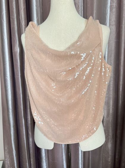 เสื้อเชิ้ตและเสื้อผู้หญิง น้ำตาล ไม่มีแขน Used Lyn Around Crop Top Tank in Brown Sequin Size M Zippy backbone