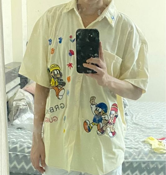 เสื้อเชิ้ตแขนสั้น ผ้าลูกฟูกปักลายการ์ตูน งานปักแน่นๆ สไตล์วินเทจทันสมัย  รูปที่ 3