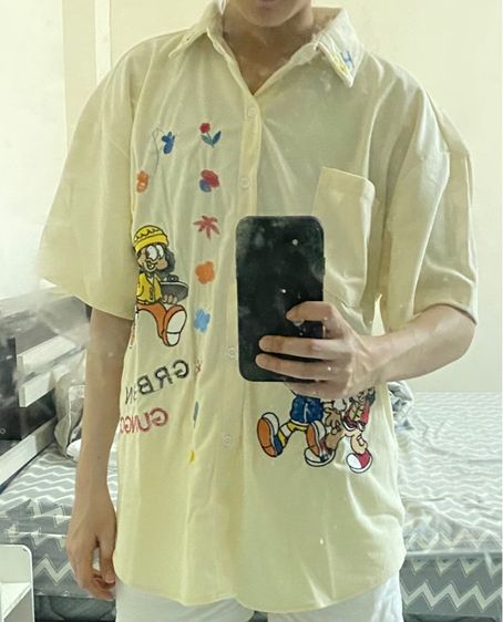 เสื้อเชิ้ตแขนสั้น ผ้าลูกฟูกปักลายการ์ตูน งานปักแน่นๆ สไตล์วินเทจทันสมัย  รูปที่ 2