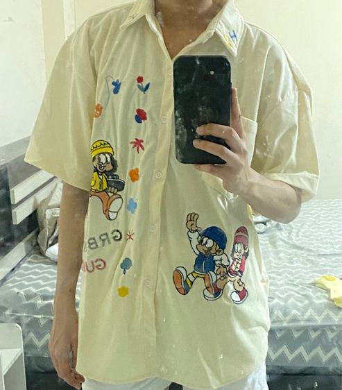 อื่นๆ อื่นๆ อื่นๆ เสื้อเชิ้ตแขนสั้น ผ้าลูกฟูกปักลายการ์ตูน งานปักแน่นๆ สไตล์วินเทจทันสมัย 
