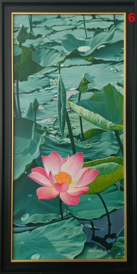 ภาพวาดสีน้ำมันบนผืนผ้าใบ(Oil Painting on Canvas) ชื่อภาพ"บัวชมพู" ขนาด กว้างxสูง รวมกรอบ 50 x 97.5cm สภาพใหม่ มือ 1 พร้อมกรอบ สวยมาก รูปที่ 3