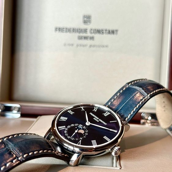 ‼️New‼️Frederqiue Constant slimline Moonphase blue Roman dial Full set รูปที่ 7