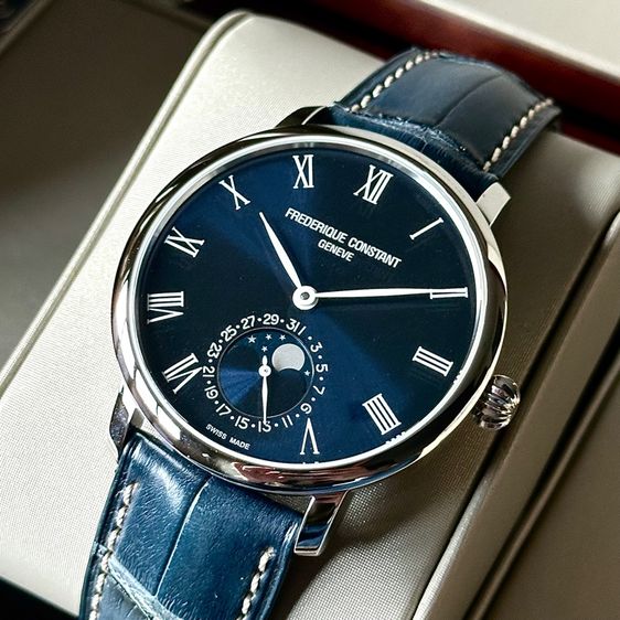 ‼️New‼️Frederqiue Constant slimline Moonphase blue Roman dial Full set