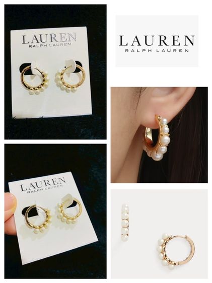 โลหะ ต่างหู Lauren Ralph Lauren Gold-Tone Faux-Pearl Hoop Earrings ของแท้ จาก outlet ส่งฟรี