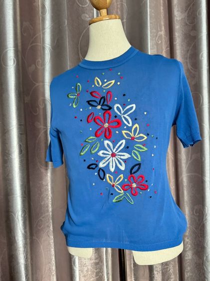 เสื้อทีเชิ้ต ฟรีไซส์ อื่นๆ แขนสั้น เสื้อยืดคอกลมปักดอกไม้ตาข่ายแขนจั้ม One Size