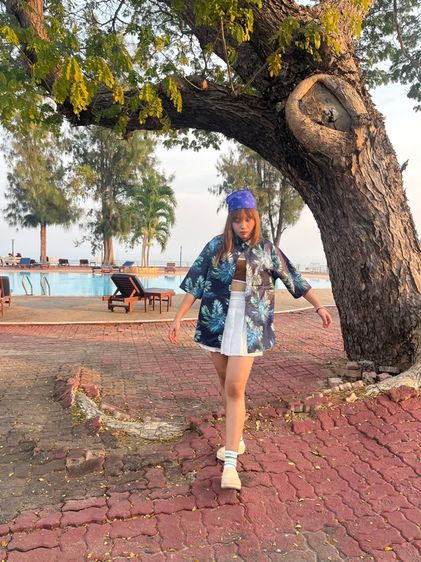 กระโปรงเอวสูงอัดพีชสั้น