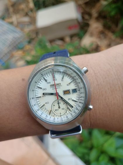 Vintage SEIKO 6139-7160 Chronograph Automatic Day-Date 1970's หอยโข่งหน้าเดิมขาว เดินปรกติ รีเซ็ตตรง พร้อมสายนาโต้ ขาย 5,950บาทไทย.ส่ง50บ.