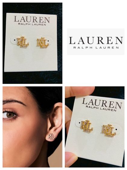 โลหะ ต่างหูLauren Ralph Lauren Gold-Tone RLL Logo CZ Studs ของแท้ สินค้า outlet