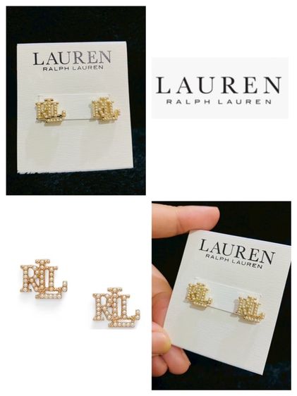 โลหะ ต่างหูLauren Ralph Lauren Faux Pearl Logo Stud Earrings, Gold ของแท้งาน outlet