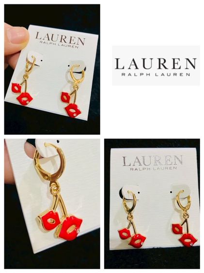 โลหะ ต่างหูLauren Ralph Lauren Gold-Tone Two Red Lips Charm CZ Hoop Earrings ของแท้ สินค้า outlet 