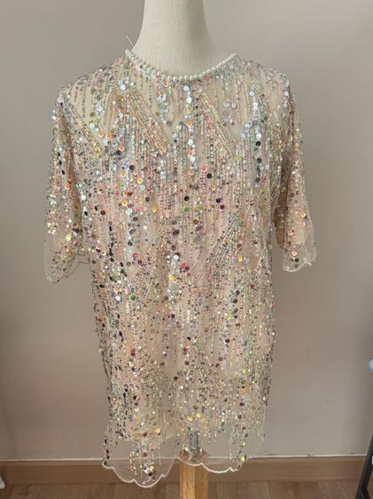 แขนสั้น น้ำตาล ฟรีไซส์ เดรส | จั๊มสูท Sequin shortsleeve dress man made embroidery mesh in lined pearly circular neck