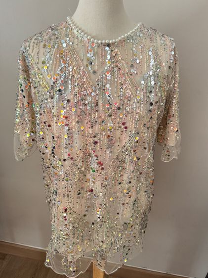 Sequin shortsleeve dress man made embroidery mesh in lined pearly circular neck รูปที่ 11