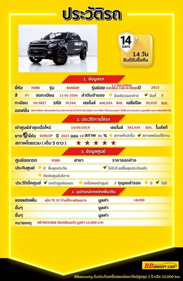 Ford Ranger 2013 2.2 Hi-Rider Wildtrak Pickup ดีเซล ไม่ติดแก๊ส เกียร์อัตโนมัติ ดำ รูปที่ 2