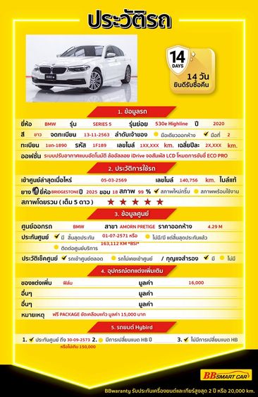 BMW Series 5 2020 530e Sedan ปลั๊กอินไฮบริด (PHEV) ไม่ติดแก๊ส เกียร์อัตโนมัติ ขาว รูปที่ 2