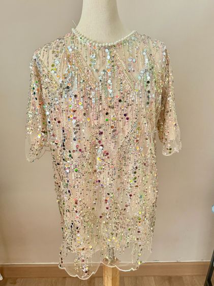 Sequin shortsleeve dress man made embroidery mesh in lined pearly circular neck รูปที่ 2