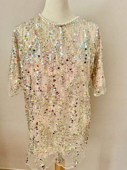 Sequin shortsleeve dress man made embroidery mesh in lined pearly circular neck รูปที่ 7