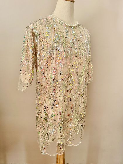 Sequin shortsleeve dress man made embroidery mesh in lined pearly circular neck รูปที่ 8