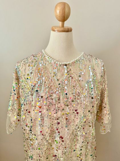 Sequin shortsleeve dress man made embroidery mesh in lined pearly circular neck รูปที่ 14