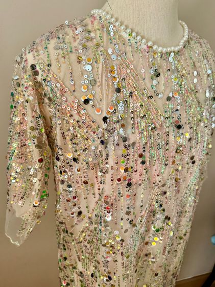 Sequin shortsleeve dress man made embroidery mesh in lined pearly circular neck รูปที่ 5