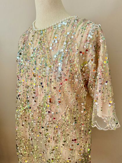 Sequin shortsleeve dress man made embroidery mesh in lined pearly circular neck รูปที่ 6