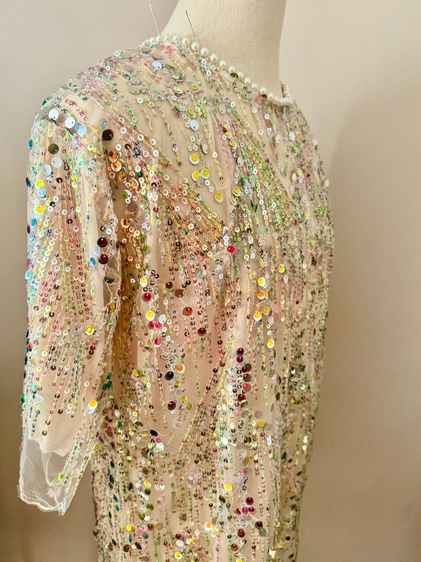 Sequin shortsleeve dress man made embroidery mesh in lined pearly circular neck รูปที่ 11
