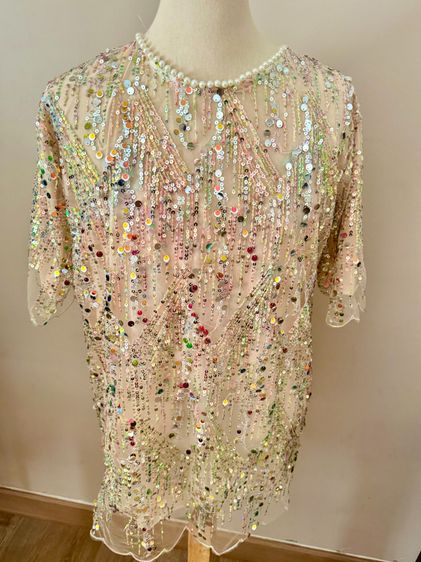 Sequin shortsleeve dress man made embroidery mesh in lined pearly circular neck รูปที่ 4