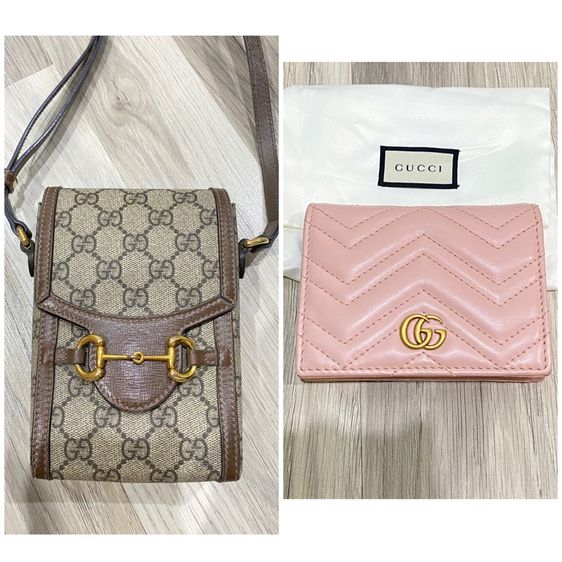 หญิง ส่งต่อ Gucci Horsebit 1955 mini bag และ กระเป๋าสตางค์ Gucci GG Marmont Card Case Wallet สีชมพู สภาพสวย (งานลุ้น มีอุปกรณ์)