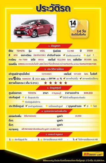 Toyota Vios 2020 1.5 Mid Sedan เบนซิน ไม่ติดแก๊ส เกียร์อัตโนมัติ แดง รูปที่ 2