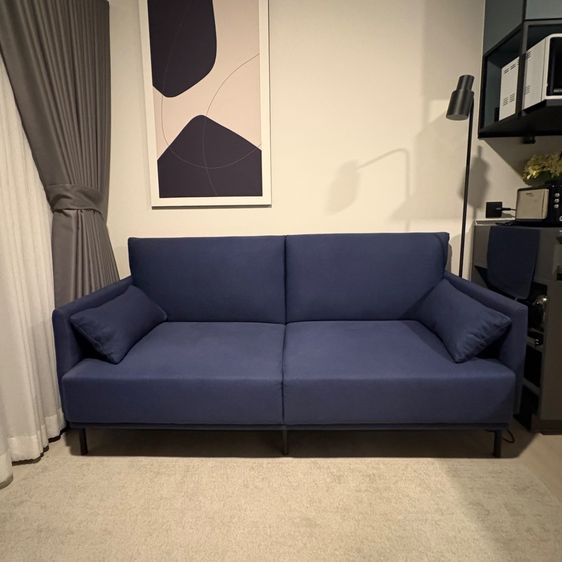 น้ำเงิน โซฟาผ้า 2 ที่นั่ง สีกรม สไตล์มินิมอล