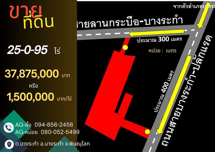 ที่ดินบางระกำ พิษณุโลก 25-0-95 ไร่ ติดถนนหลวงถึง 2 ด้าน (ถนน 1065, 1281) โอกาสทองที่ไม่ควรพลาด