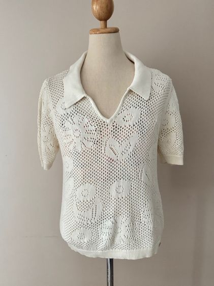 แขนสั้น เสื้อไหมพรม พร้อมส่งทันที Free EMS Used Lyn Around Polo Collar Knitted Top Size L คอปก ผ้านิตนุ่มๆสีขาว