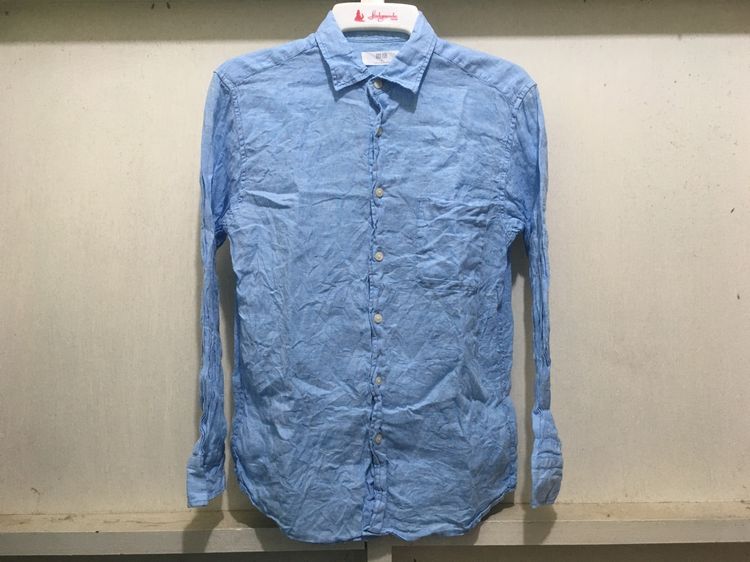 S เสื้อเชิ้ต ผ้าลินิน  แบรนด์ UNIQLO สีฟ้า