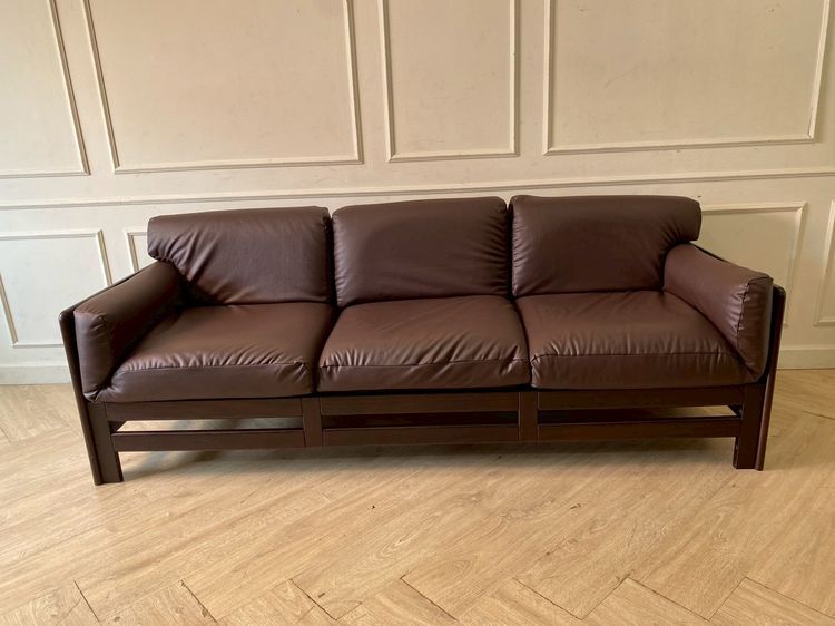 ชุดโซฟา 3+2+1 โครงไม้หวาย เบาะหนัง สีน้ำตาลเข้ม รูปที่ 2