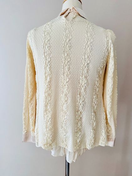 Hand Embrodral Top Longsleeve Crinkle Lace Top Floral Vertical Lining Crew Neck Crystal decorated Tip Ruffle Linen in Gold Brown color รูปที่ 3