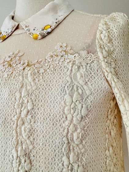 Hand Embrodral Top Longsleeve Crinkle Lace Top Floral Vertical Lining Crew Neck Crystal decorated Tip Ruffle Linen in Gold Brown color รูปที่ 12