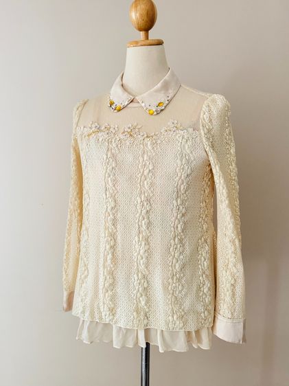 Hand Embrodral Top Longsleeve Crinkle Lace Top Floral Vertical Lining Crew Neck Crystal decorated Tip Ruffle Linen in Gold Brown color รูปที่ 11