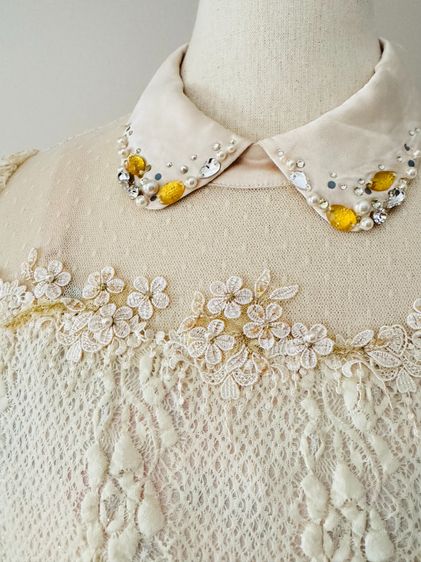 Hand Embrodral Top Longsleeve Crinkle Lace Top Floral Vertical Lining Crew Neck Crystal decorated Tip Ruffle Linen in Gold Brown color รูปที่ 13