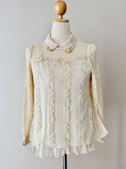 Hand Embrodral Top Longsleeve Crinkle Lace Top Floral Vertical Lining Crew Neck Crystal decorated Tip Ruffle Linen in Gold Brown color