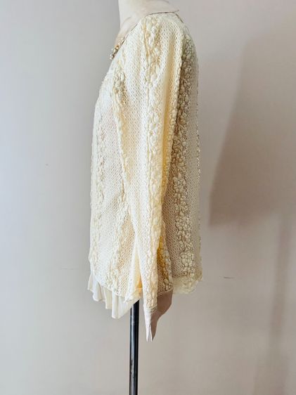 Hand Embrodral Top Longsleeve Crinkle Lace Top Floral Vertical Lining Crew Neck Crystal decorated Tip Ruffle Linen in Gold Brown color รูปที่ 2