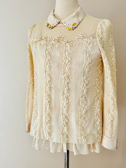 Hand Embrodral Top Longsleeve Crinkle Lace Top Floral Vertical Lining Crew Neck Crystal decorated Tip Ruffle Linen in Gold Brown color รูปที่ 8