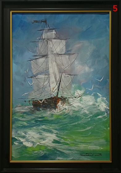 ภาพวาดสีอะคริลิคบนผืนผ้าใบ(Acrylic Painting on Canvas) ชื่อภาพ"ฝ่าคลื่น" ขนาด กว้างxสูง(รวมกรอบ) 48.5x68.5cm เป็นภาพวาดจริง Original สวยมาก รูปที่ 4