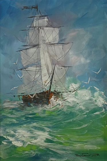 ภาพวาดสีอะคริลิคบนผืนผ้าใบ(Acrylic Painting on Canvas) ชื่อภาพ"ฝ่าคลื่น" ขนาด กว้างxสูง(รวมกรอบ) 48.5x68.5cm เป็นภาพวาดจริง Original สวยมาก รูปที่ 5