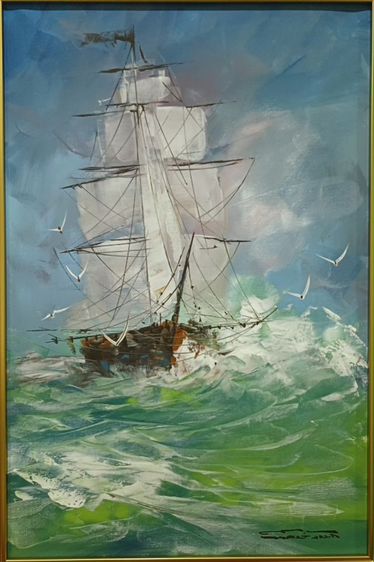 ภาพวาดสีอะคริลิคบนผืนผ้าใบ(Acrylic Painting on Canvas) ชื่อภาพ"ฝ่าคลื่น" ขนาด กว้างxสูง(รวมกรอบ) 48.5x68.5cm เป็นภาพวาดจริง Original สวยมาก รูปที่ 13