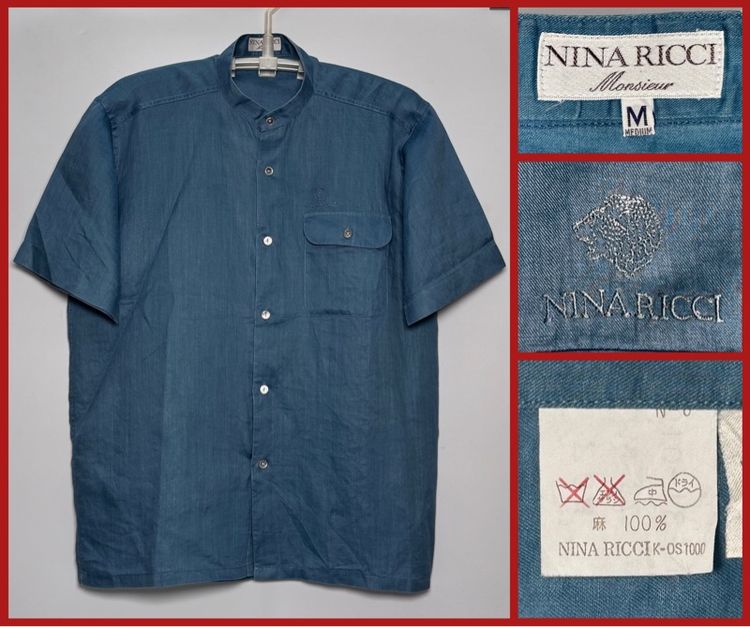 ฟ้า แขนสั้น ⚠️ผ้า LINEN‼️เสื้อเชิ้ต NINA RICCI ของแท้ แบบสวย สไตล์ลำลอง