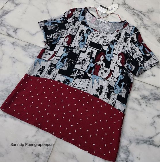 edc Grey Comic and Maroon Polka Dot Short Sleeve Top SIZE S อก 38" รูปที่ 11