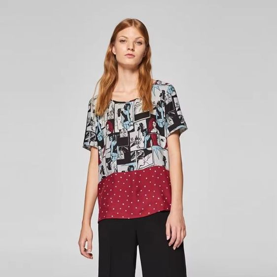 edc Grey Comic and Maroon Polka Dot Short Sleeve Top SIZE S อก 38"