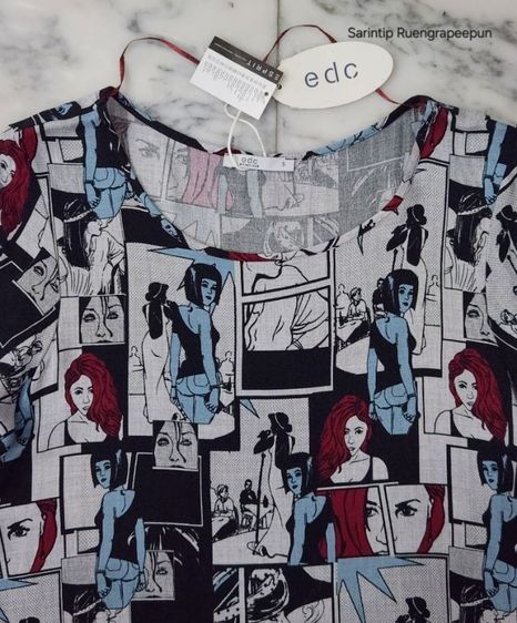 edc Grey Comic and Maroon Polka Dot Short Sleeve Top SIZE S อก 38" รูปที่ 8